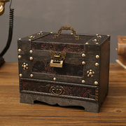 古风带锁的梳妆盒抽屉式化妆桌面收纳盒木质带镜子首饰盒子小木箱