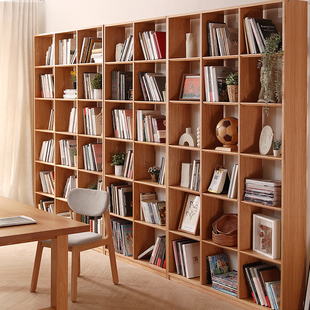 实木书架书柜全橡木超薄置物架，办公室一体靠墙，储物柜客厅原木柜子