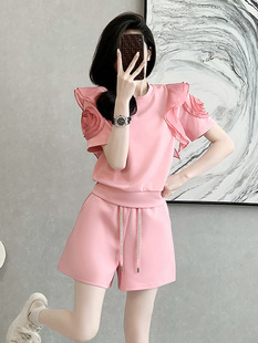 小香风休闲运动套装女夏季洋气设计感粉色，短袖阔腿短裤两件套气质