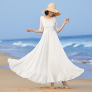 优雅圆领白色雪纺蕾丝拼接大摆裙显瘦减龄连衣裙，度假旅游沙滩长裙