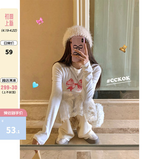 CCKOK韩系少女蝴蝶结印花紧身长袖T恤2024春季小众设计上衣女