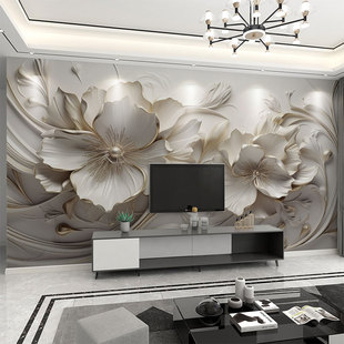 墙纸定制3d立体浮雕法式花卉，电视背景墙壁纸客厅壁布卧室墙布壁画