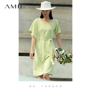 Amii2024夏圆领配腰带不对称短袖连衣裙女设计感法式小黑裙子