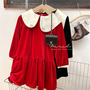 女童红色丝绒连衣裙韩国童装，21年秋装黑色，生日礼服气质长袖公主裙