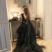 儿童礼服女童黑色露背燕尾晚礼服，法式钢琴公主，裙高端裙送小礼