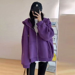 紫色连帽卫衣女秋冬2023宽松oversize慵懒风加绒拉链开衫外套
