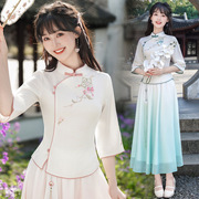 好质量中式国风夏季棉麻短袖绣花立领，修身复古文艺茶服上衣套