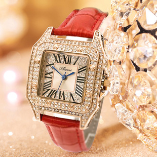 瑞士亚铂尼时尚女士手表复古小方表满钻罗马防水红色皮带女表