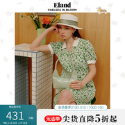 Eland衣恋优雅连衣裙女翻领碎花灯笼袖茶歇裙子夏季