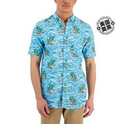 clubroom男式亚麻混纺印花夏威夷印花衬衫-海岛，蓝美国奥莱