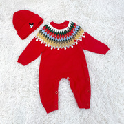 婴儿圣诞节衣服民族风宝宝连体衣秋冬装洋气婴幼儿针织毛衣红爬服