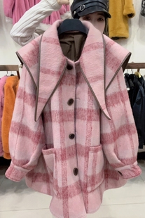 欧货春季粗仿羊毛尼外套，女中长款口袋毛呢大衣，宽松披肩领潮品