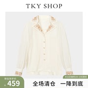 买手珠珠TKY SHOP100%桑蚕丝绣花领口衬衫长袖polo薄上衣