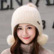 帽子女冬天毛线，帽韩版超大头围毛球骑车加绒加厚保暖针织兔毛混纺