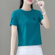 夏季短袖女t恤深蓝色小个子2024棉宽松显瘦高腰短款简约0425k