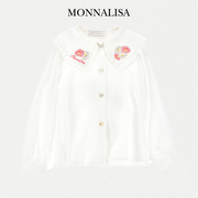 2023秋冬MONNALISA童装法式娃娃领长袖纯白女童衬衫上衣