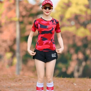 健身服女子迷彩短裤套装跑步跳操运动透气弹力，网红速干衣
