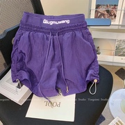 小个子紫色运动短裤女夏2024甜美高腰，宽松显瘦辣妹，休闲热裤潮