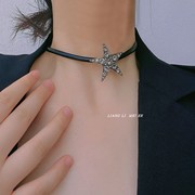 复古皮绳朋克镶钻星星短项链女小众个性不掉色锁骨链y2k脖颈配饰