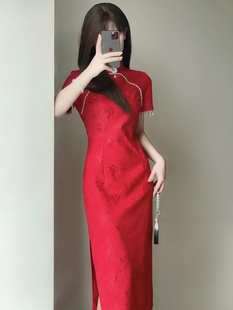 新中式蕾丝旗袍2023新娘年轻款，高级感结婚订婚礼服红色连衣裙