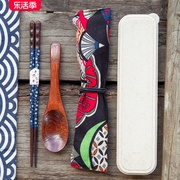 和风筷子勺子套装和风便携餐具套装木勺叉子布袋绕线实木勺叉筷套