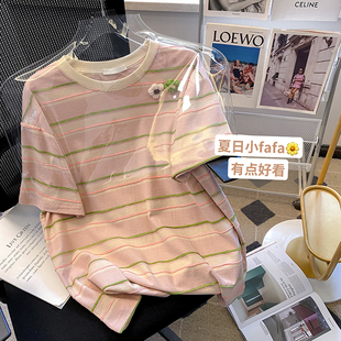 小C家文艺立体花朵短袖T恤女2024夏季设计感宽松显瘦条纹上衣