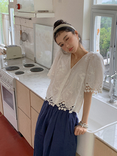 bettychow精致高密度棉，刺绣白衬衫夏季法式简约时髦通勤上衣