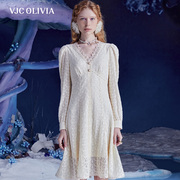 vjcolivia2023秋冬法式蕾丝连衣裙，拼接长袖高腰长裙，女显瘦气质