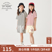 日本LIVHEART儿童条纹polo领短袖T恤短裤运动套装女大童夏季