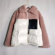 任3件韩版女生休闲时尚羽绒服冬季羊羔毛拼接色甜美外套