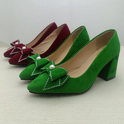 绿色婚鞋粗跟7cm结婚鞋红色新娘，鞋百搭红色，蝴蝶结高跟时尚秀禾鞋
