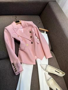 VANLU 温柔樱花粉色 轻奢通勤OL 双排金属纽扣修身长袖西装外套