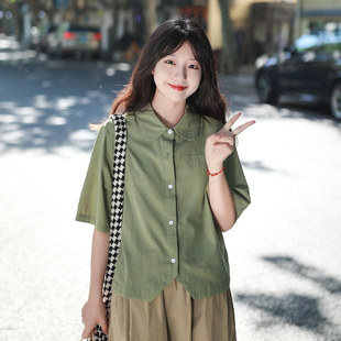 艺野系小个子短款假口袋，绿色短袖衬衫女夏文艺复古日系宽松上衣