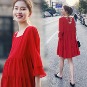 红色孕妇连衣裙夏季方领气质雪纺裙韩版大码遮肚七分袖哺乳蛋糕裙