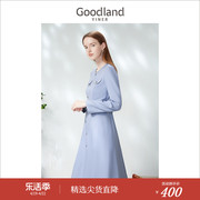 Goodland美地女装春季金属丝织带镶边圆领连衣裙高级感