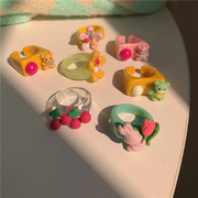 童趣彩色小熊戒指~撞色春夏季指环小众设计感花朵可爱食指戒