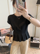 短袖t恤女2023夏季女装韩版时尚设计感束腰荷叶边显瘦上衣女