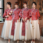 出租赁伴娘服中式中国风，大气红闺蜜姐妹团大码礼服旗袍长袖裙显瘦