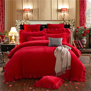 结婚庆大红色保暖水晶绒牛奶绒加厚单件床裙三件套床单加绒四件套