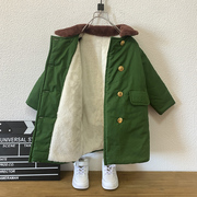 男童军绿色大衣加棉加厚保暖中长款外套，儿童冬装加厚宝宝冬季棉衣