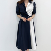 韩国chic夏季小众设计感短袖撞色拼接收腰显瘦气质衬衫连衣裙女