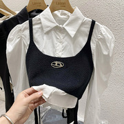 白色泡泡袖长袖衬衫女春季两件套设计感小众短款吊带针织马甲上衣