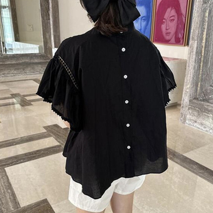 韩国chic夏季法式气质圆领，压褶感后背单排扣宽松飞飞袖衬衫上衣女