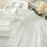 日系软妹森女风蕾丝花边娃娃领法式风琴压褶纯棉布长袖白衬衫上衣