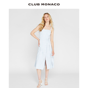 clubmonaco女装清新蓝白条纹亚麻海军风开叉吊带连衣裙