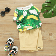 外贸ins夏季中小男童欧美香蕉，树叶印花套头，短袖t恤+韩版短裤套装