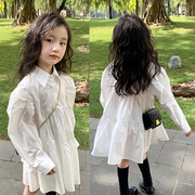 公主系白色儿童长款衬衫式裙子2024年春款洋气甜美女童法式连衣裙