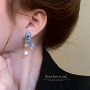 银针镶嵌水晶蝴蝶水滴珍珠耳环韩国气质高级感耳钉时尚耳饰女