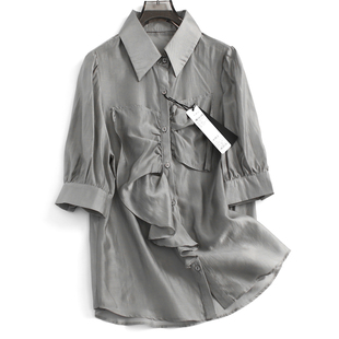 灰色压褶荷叶边翻领纽扣开衫法式泡泡袖时髦五分袖女衬衫衬衣A223