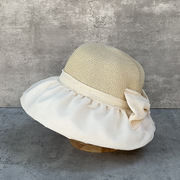 夏季欧根纱黑胶沿大蝴蝶结，草帽遮阳帽女出游度假可折叠优雅盆帽子